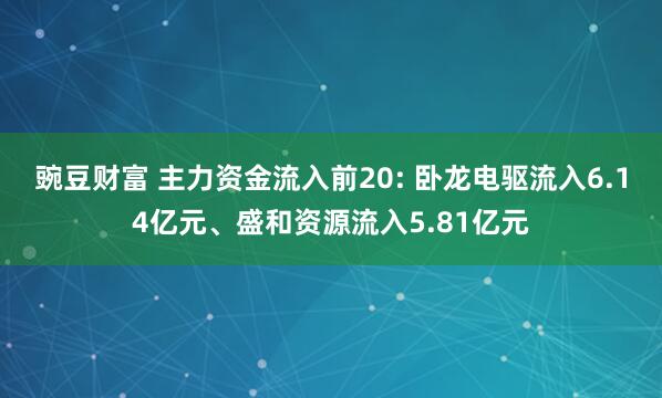 豌豆财富 主力资金流入前20: 卧龙电驱流入6.14亿元、盛和资源流入5.81亿元